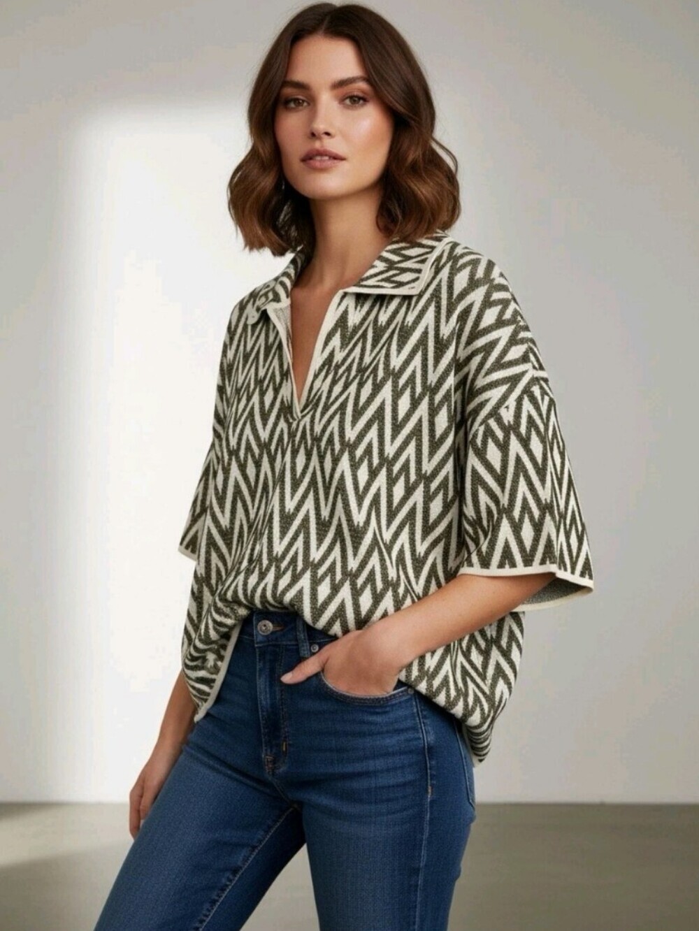 Christian Lacroix Chevron Knit Polo Sweater Top Ivory Olive L Resort Chic
